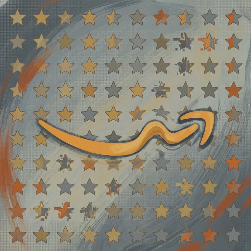 Distorted Amazon smile logo with glitched review stars representing the fake review problem