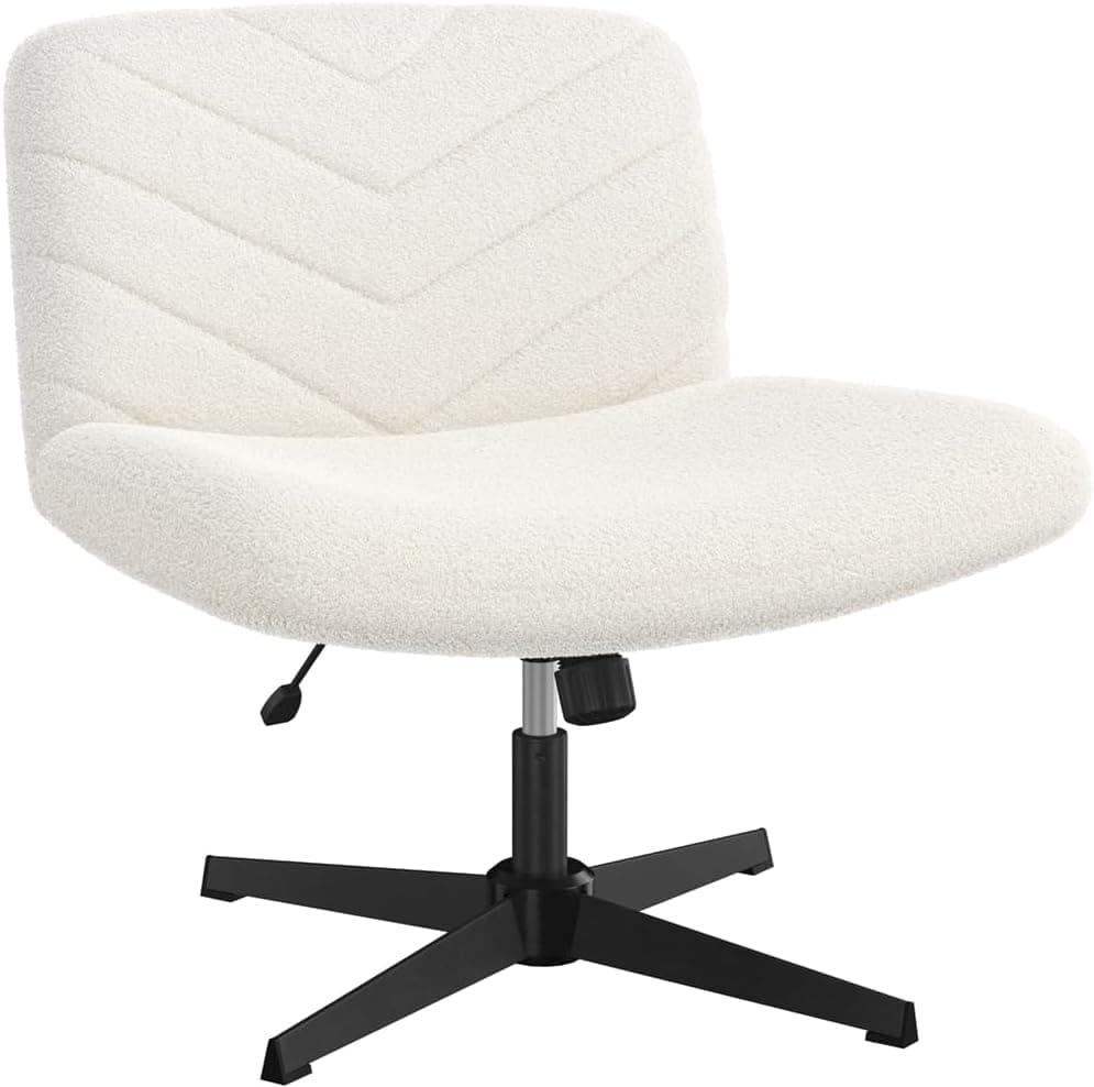 Yaheetech Chaise de Bureau sans roulettes, Fauteuil de Bureau sans Accoudoirs avec Large Assise, Fauteuil Pivotant en Tissu Bouclette, Chaise Réglable en Hauteur, pour Bureau Chambre, Ivoire