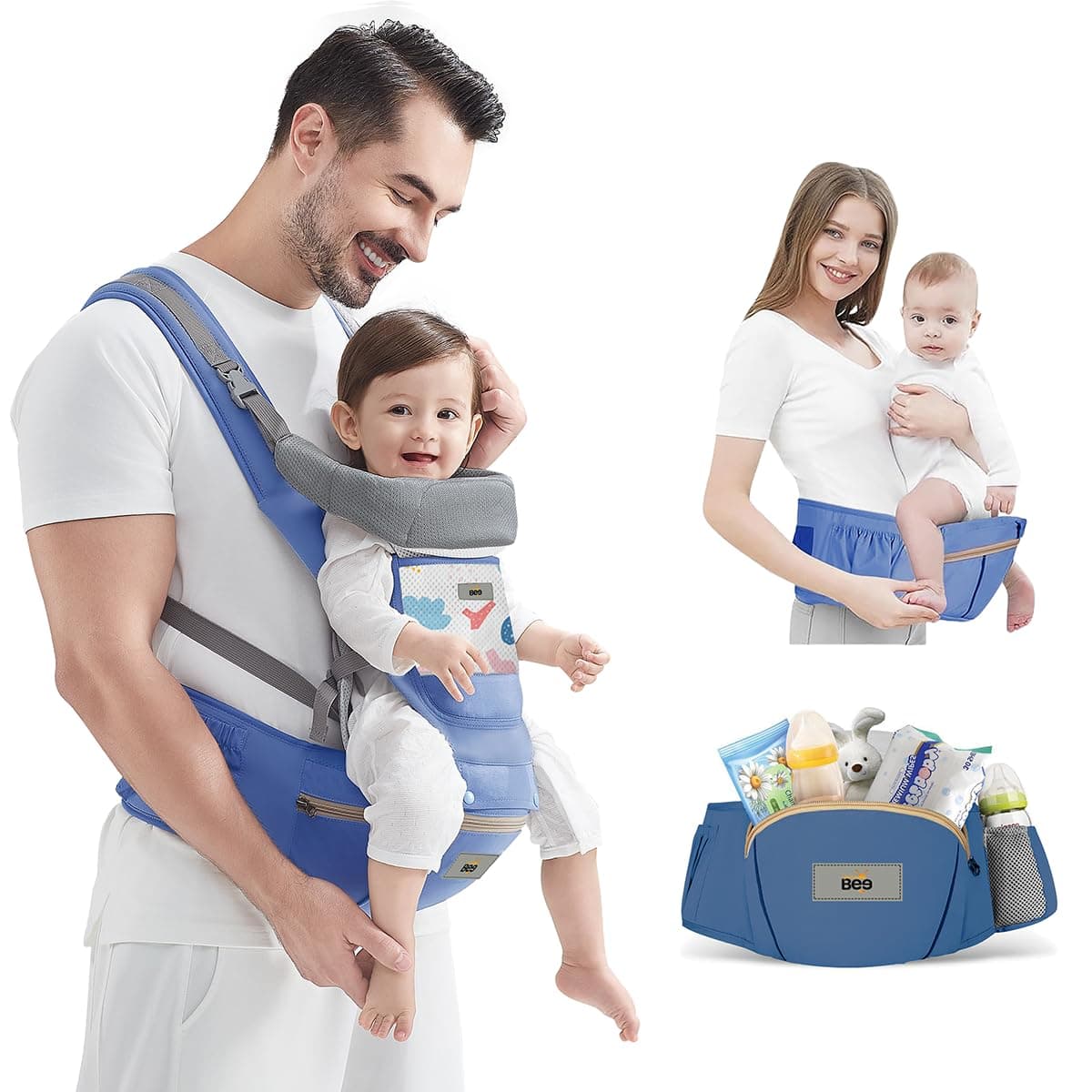 GOLDEN BEE Baby Carrier with 4 Carry Positions, Adjustable Hip Seat Belt, Hip Seat Baby Carrier Bag 4 to 36 Months Baby, New-Born to Toddler Carrier, Ergonomic Baby Carry Bag up to 20kg (Blue)