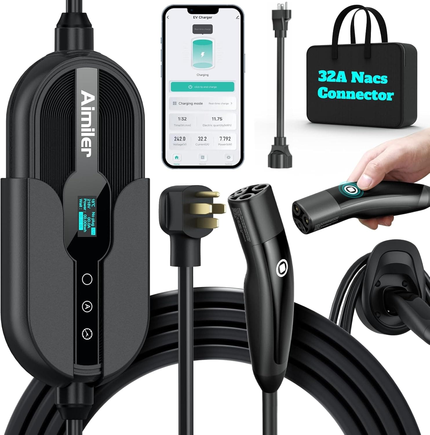 AIMILER Level 2 Tesla Charger(Wireless WiFi APP), 240V, 32 Amp, NEMA 14-50 Plug, 25ft Cord - Portable/Home NACS Connector Electric Car(EV) Charger for Tesla - Compatible with Tesla Model X/Y/3/S