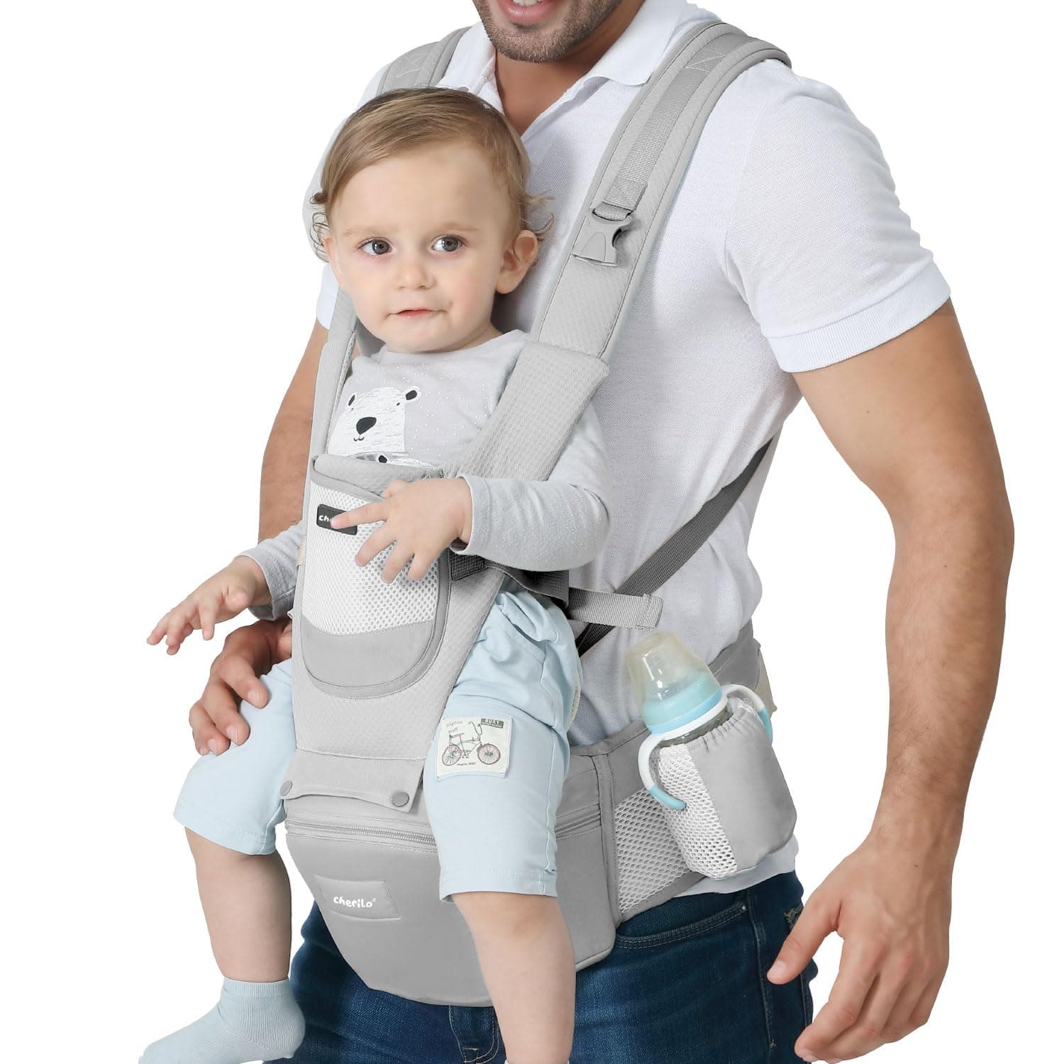 Cherilo Baby Carrier with Hip Seat | Adjustable 4 Carry Positions Carrier for 0 to 3 Year | Comfortable Baby Carrying Bag for New Born & Toddler up to 15 Kgs | Grey