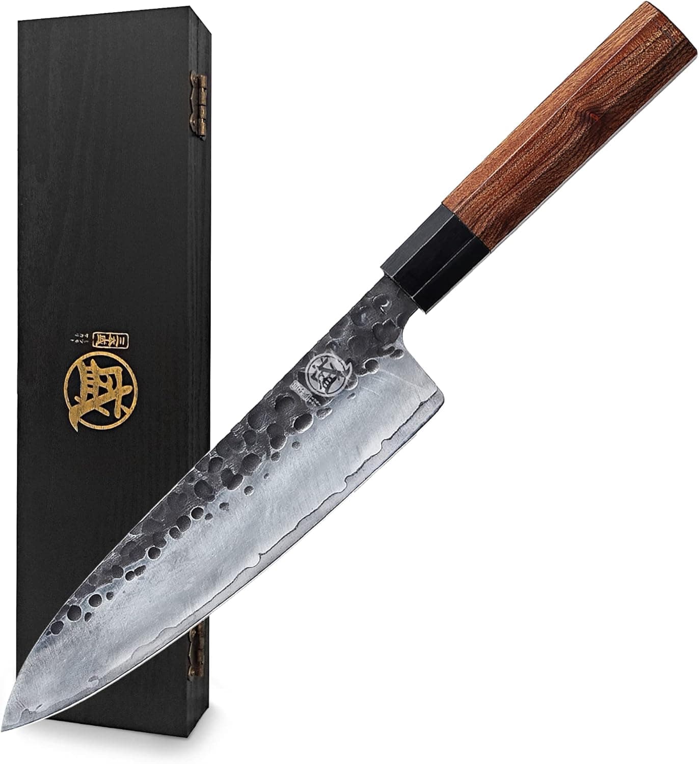 MITSUMOTO SAKARI Cuchillos Cocina Gyuto, Cuchillo Japones de Acero de Alto Carbono, 20 cm Cuchillos Cocina Profesional Forjados a Mano (Mango de Palo de Rosa y Caja de Regalo)