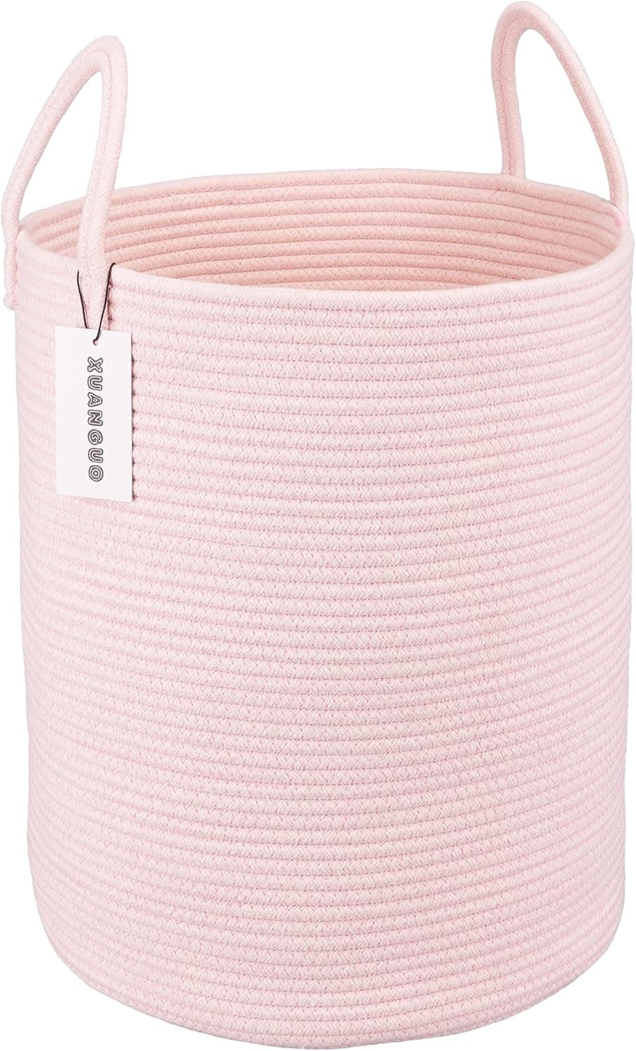 Cotton Rope Laundry Basket Hamper for Girls Kids Baby Nursery Hamper Bin Woven Storage Basket for Living Room Girls room Boho Tall Rope Baskets for Blanket Toys Large light pink